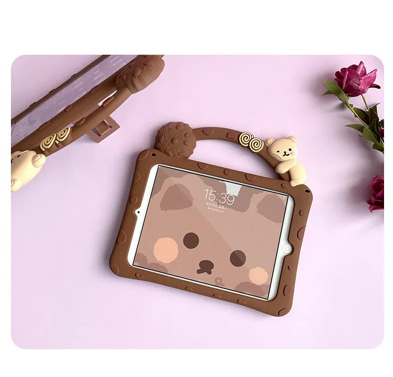 Brown cartoon-style silicone flat shell sleeve for an iPad tablet.