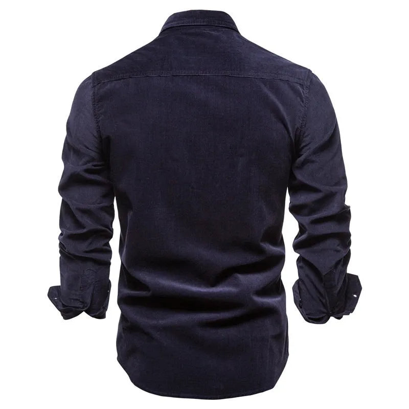 Men's long sleeve linen blend shirt on a hanger, showing classic collar and button front, in a choice of nine colours.