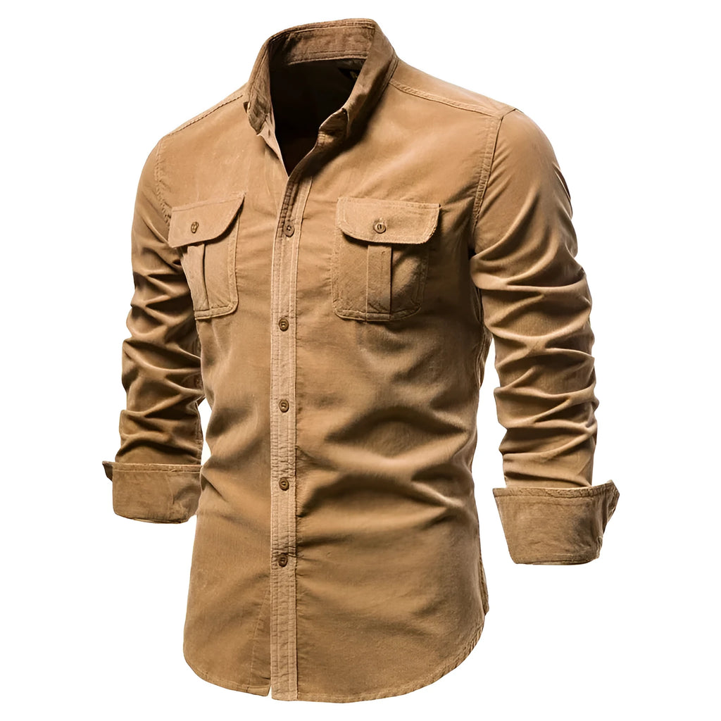 Men's long sleeve linen blend shirt on a hanger, showing classic collar and button front, in a choice of nine colours.