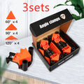 Set of four plastic right-angle clamps for woodworking and picture frame assembly.