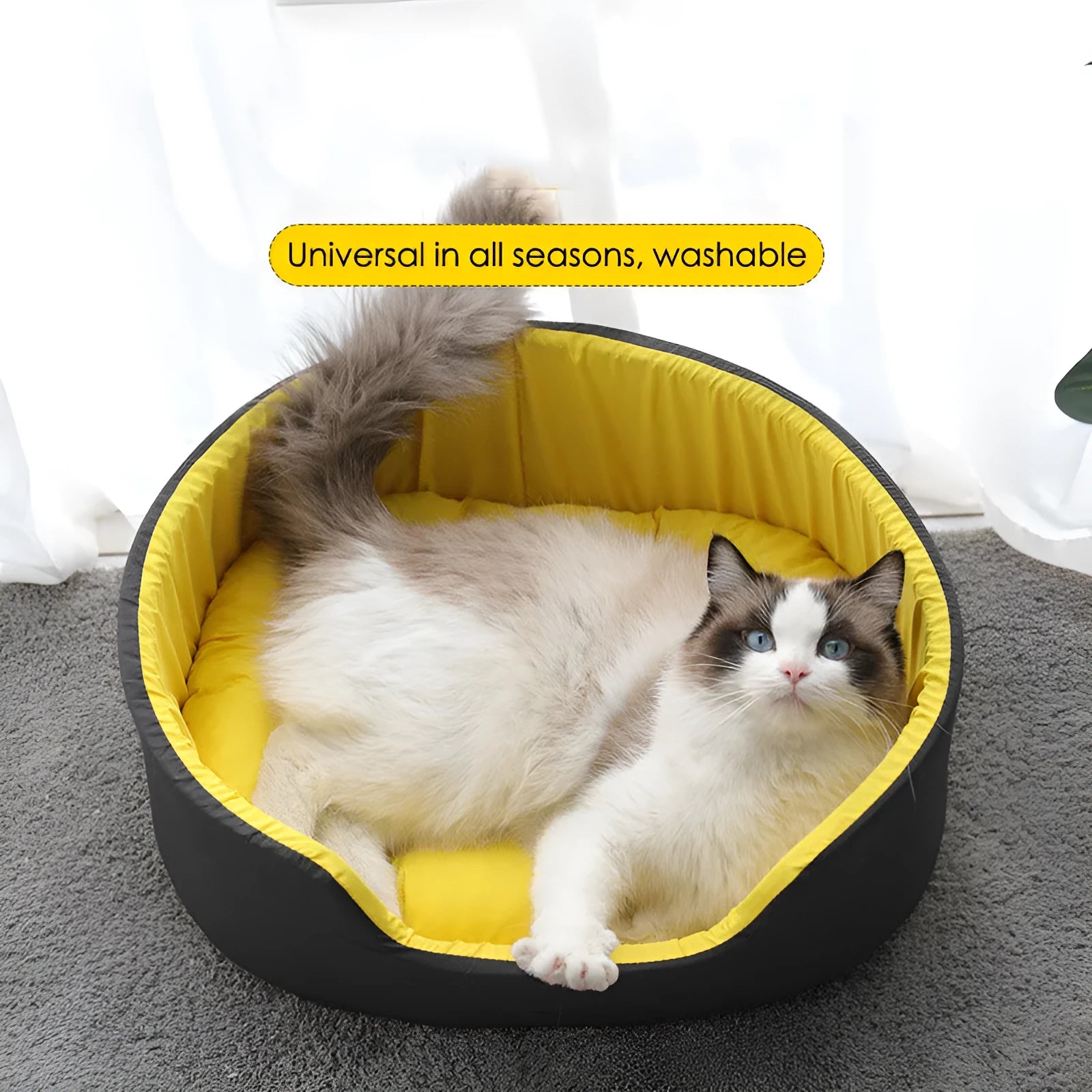 Green washable fleece-lined pet kennel for a cat, showing soft cloth construction and plush interior.