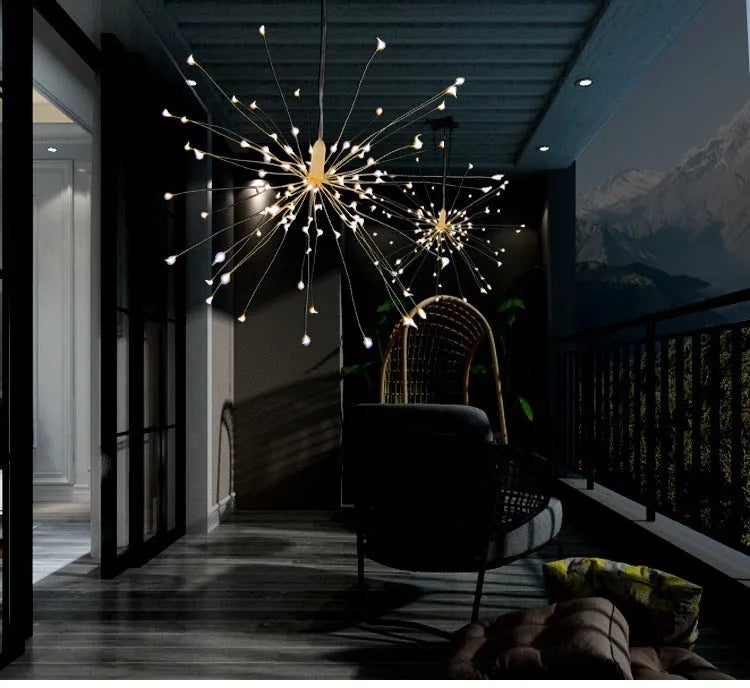 Solar-powered LED firework light with starry explosion effect and PVC housing for outdoor or room decoration.