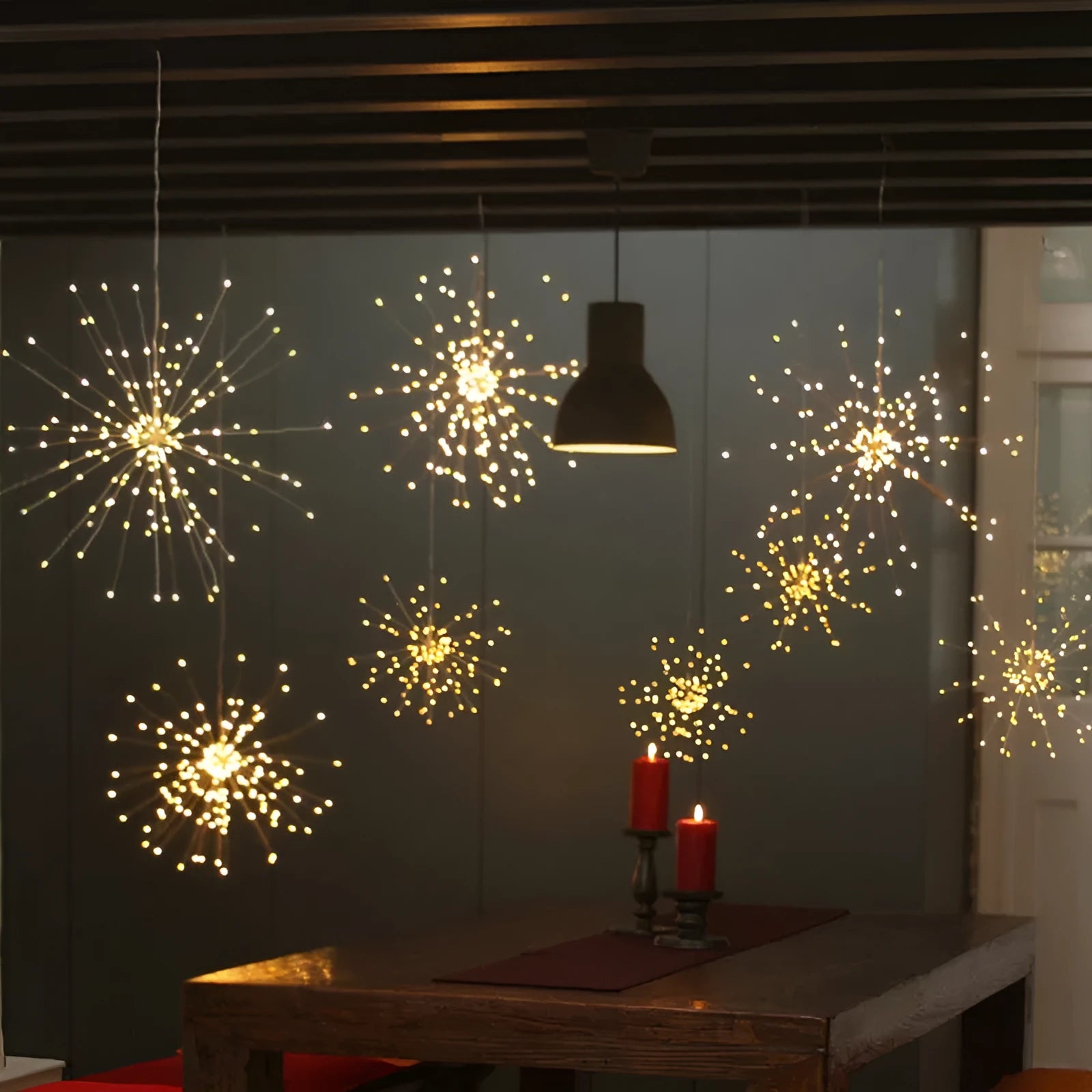 Solar-powered LED firework light with starry explosion effect and PVC housing for outdoor or room decoration.