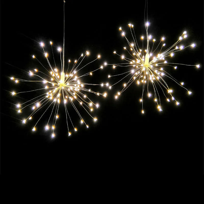 Solar-powered LED firework light with starry explosion effect and PVC housing for outdoor or room decoration.