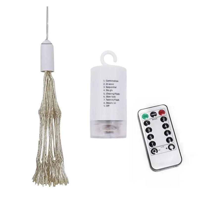 Solar-powered LED firework light with starry explosion effect and PVC housing for outdoor or room decoration.