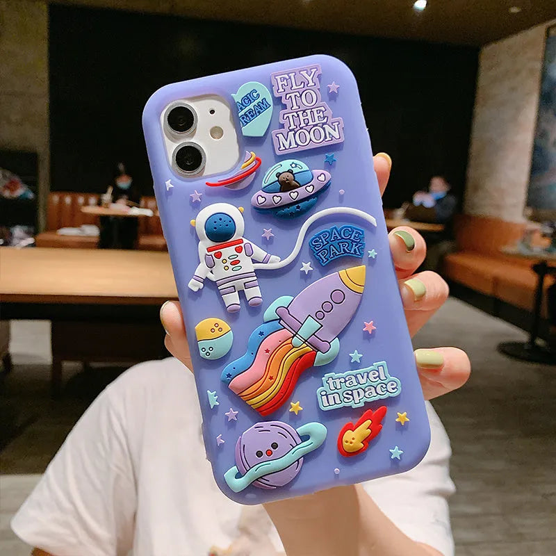 Purple silicone iPhone case with cartoon astronaut design for multiple iPhone models