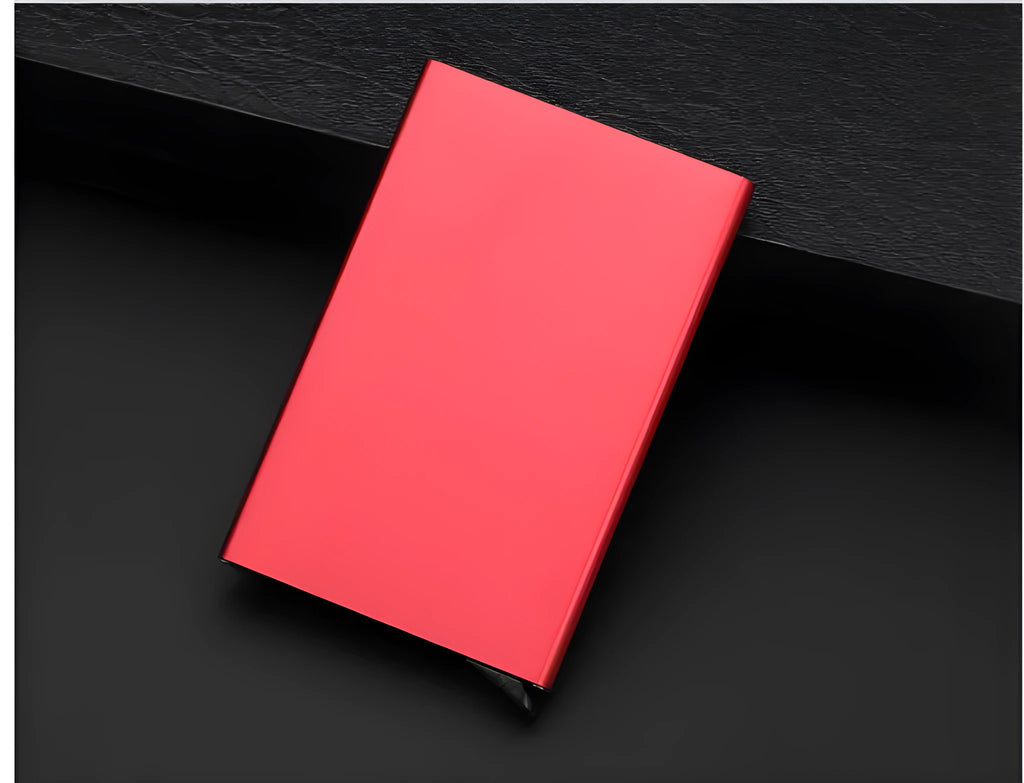 Aluminum geometric business card holder in six colours with stainless steel construction showing compact dimensions