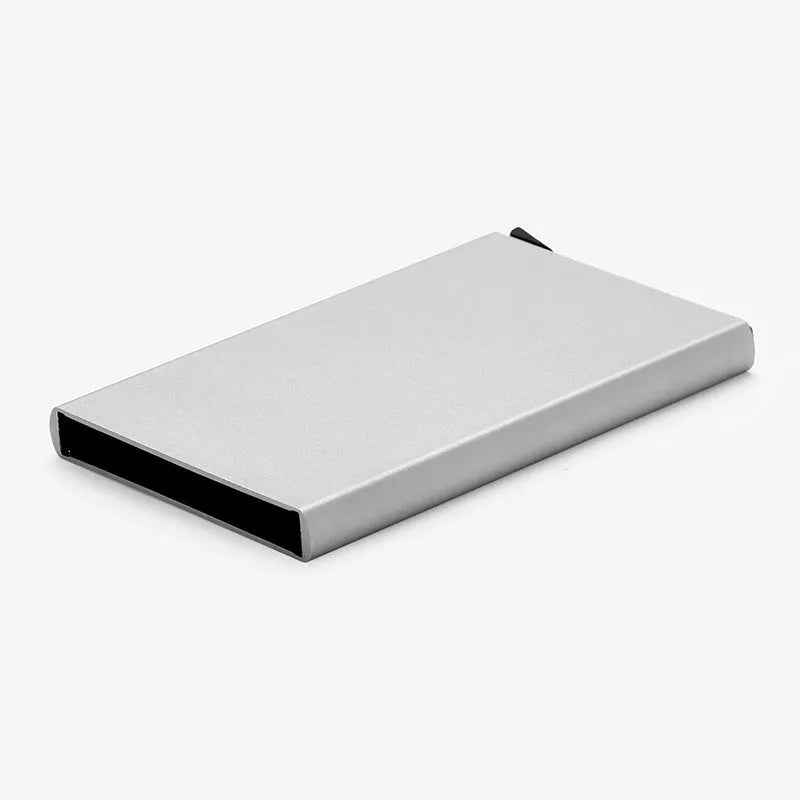 Aluminum geometric business card holder in six colours with stainless steel construction showing compact dimensions