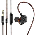 Black in-ear sports headphones with around-ear cable fit and a 3.5mm plug, shown with red and white colour options.