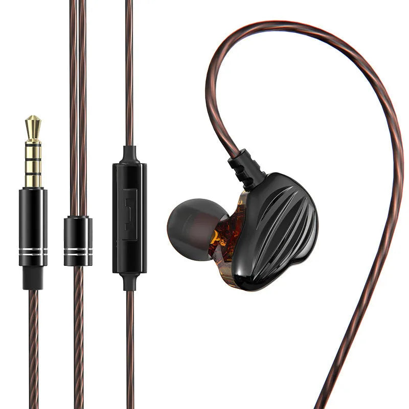 Black in-ear sports headphones with around-ear cable fit and a 3.5mm plug, shown with red and white colour options.