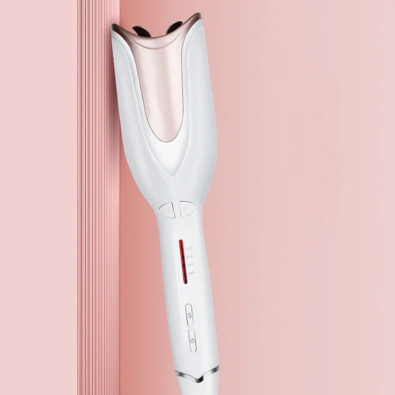White automatic hair curler with rose tube spiral, 21-30mm barrel, and 4 temperature stages for dry hair