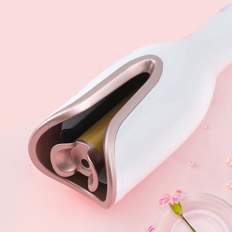 White automatic hair curler with rose tube spiral, 21-30mm barrel, and 4 temperature stages for dry hair