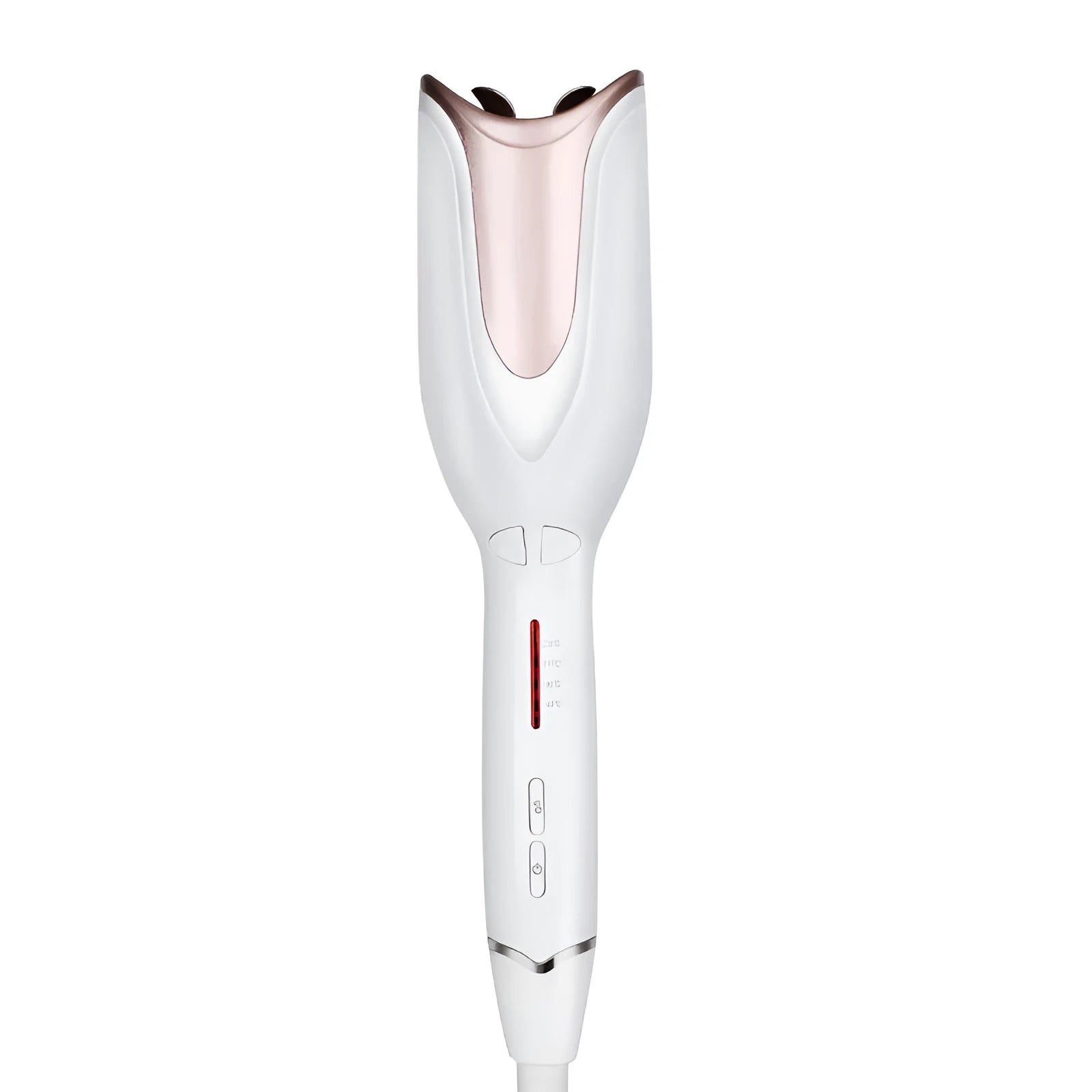 White automatic hair curler with rose tube spiral, 21-30mm barrel, and 4 temperature stages for dry hair