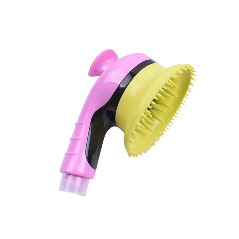 Pet shower kit with massage brush in blue for cleaning and grooming a medium-sized dog