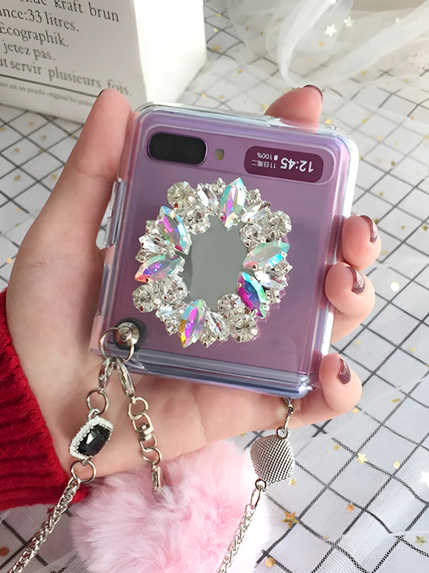Cartoon style protective case for Samsung Galaxy Z Flip folding phone with diagonal diamond hair powder pattern