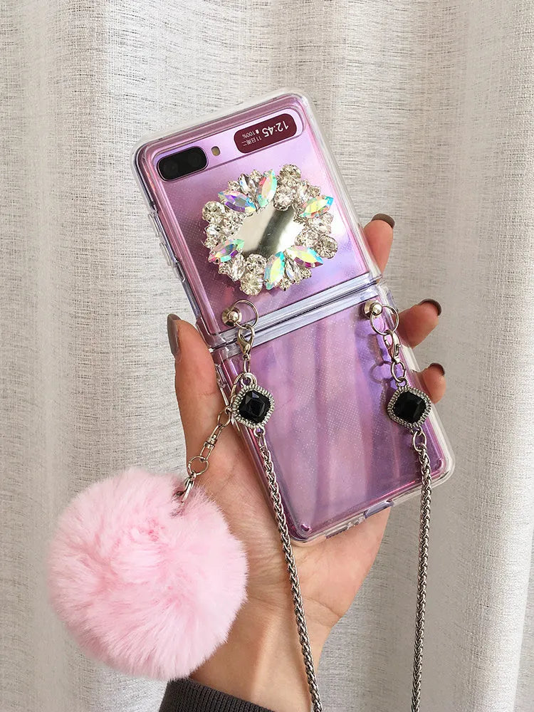 Cartoon style protective case for Samsung Galaxy Z Flip folding phone with diagonal diamond hair powder pattern