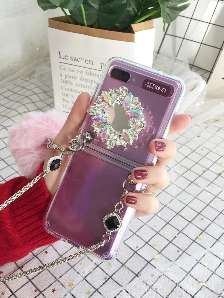 Cartoon style protective case for Samsung Galaxy Z Flip folding phone with diagonal diamond hair powder pattern
