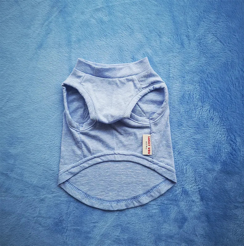 Cotton dog vest in dark blue or light blue, sizes XS to XL, with 17-37cm back length and 33-53cm bust.