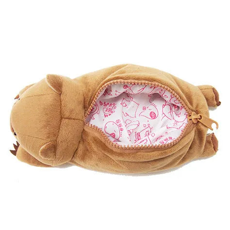 Cartoon wombat family plush pencil case with zipper, in black, brown, or khaki.