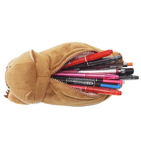 Cartoon wombat family plush pencil case with zipper, in black, brown, or khaki.