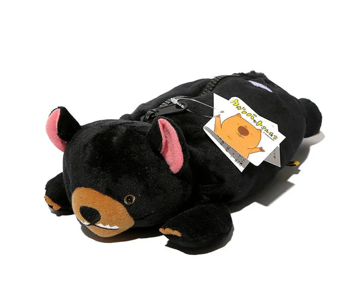 Cartoon wombat family plush pencil case with zipper, in black, brown, or khaki.