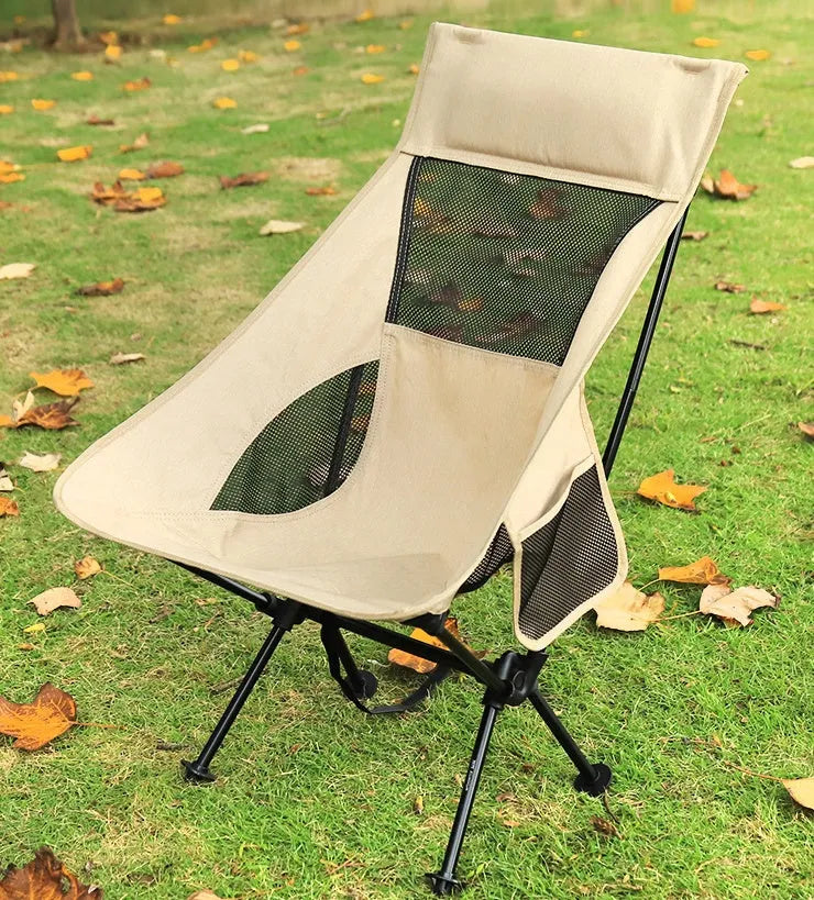 Beige outdoor folding chair with aluminum alloy frame and compact fold design for portable seating