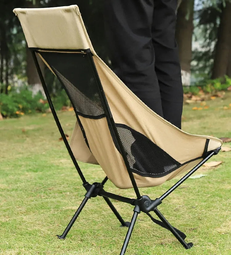 Beige outdoor folding chair with aluminum alloy frame and compact fold design for portable seating