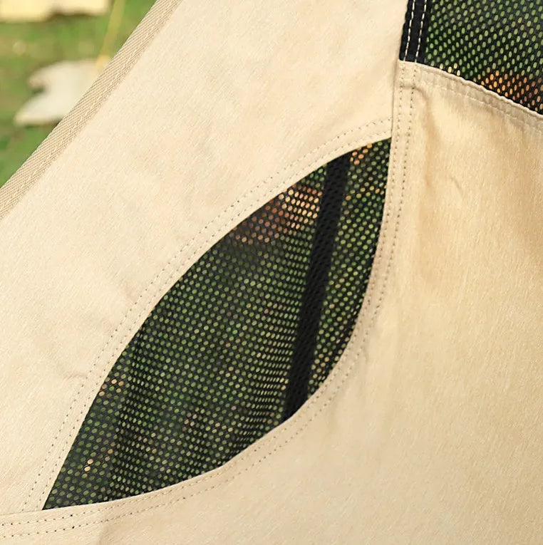 Beige outdoor folding chair with aluminum alloy frame and compact fold design for portable seating