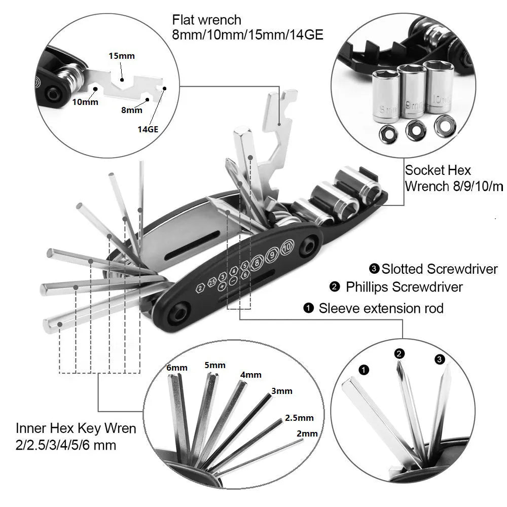 Mountain Cycle 16-in-1 carbon steel bicycle multi tool with socket wrenches and hex keys on a workbench