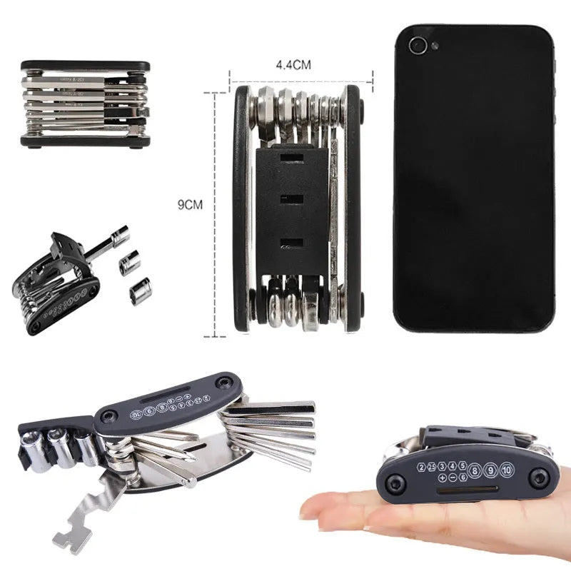Mountain Cycle 16-in-1 carbon steel bicycle multi tool with socket wrenches and hex keys on a workbench