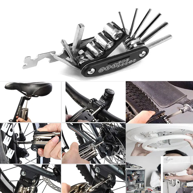 Mountain Cycle 16-in-1 carbon steel bicycle multi tool with socket wrenches and hex keys on a workbench