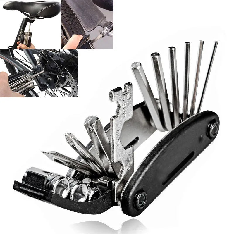Mountain Cycle 16-in-1 carbon steel bicycle multi tool with socket wrenches and hex keys on a workbench