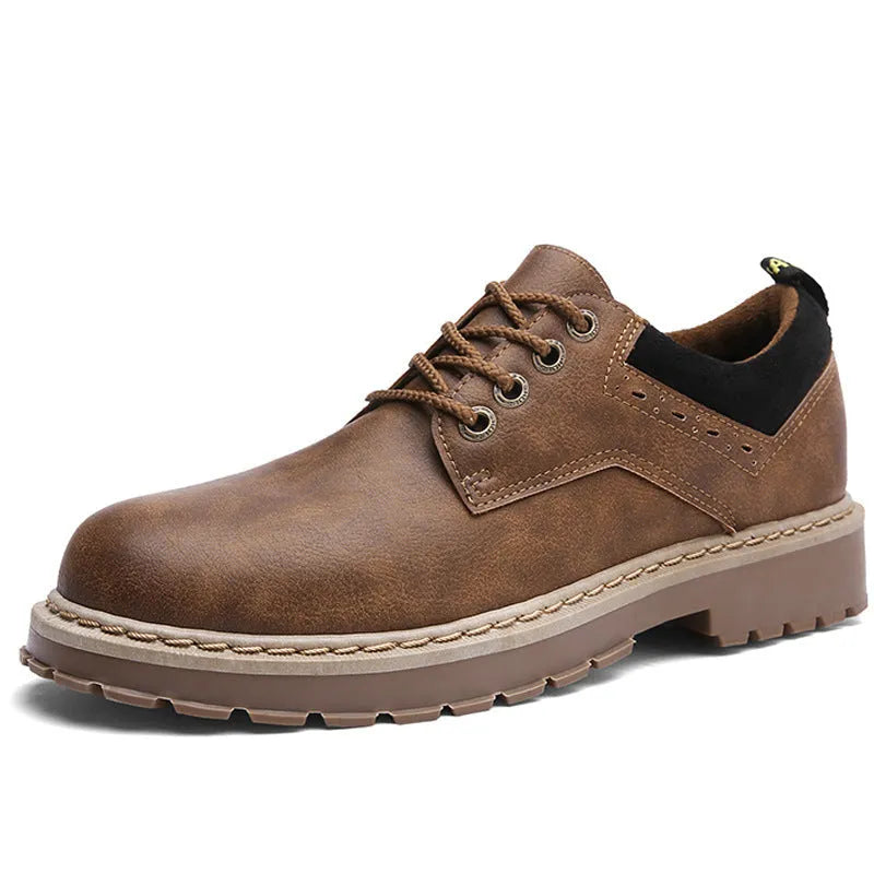 Men's black round-toe lace-up casual shoes with a PU upper and rubber sole on a plain background.