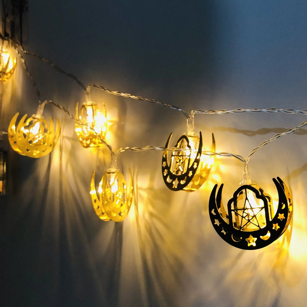 Gold wrought iron moon and star pendant LED string lights for Ramadan or Eid interior decoration