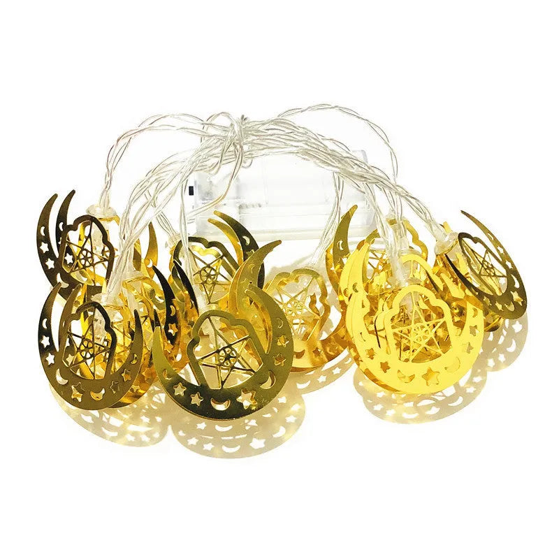 Gold wrought iron moon and star pendant LED string lights for Ramadan or Eid interior decoration