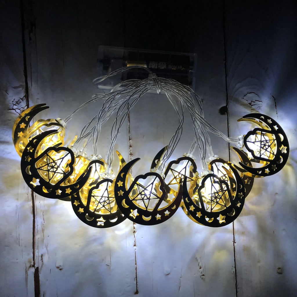 Gold wrought iron moon and star pendant LED string lights for Ramadan or Eid interior decoration