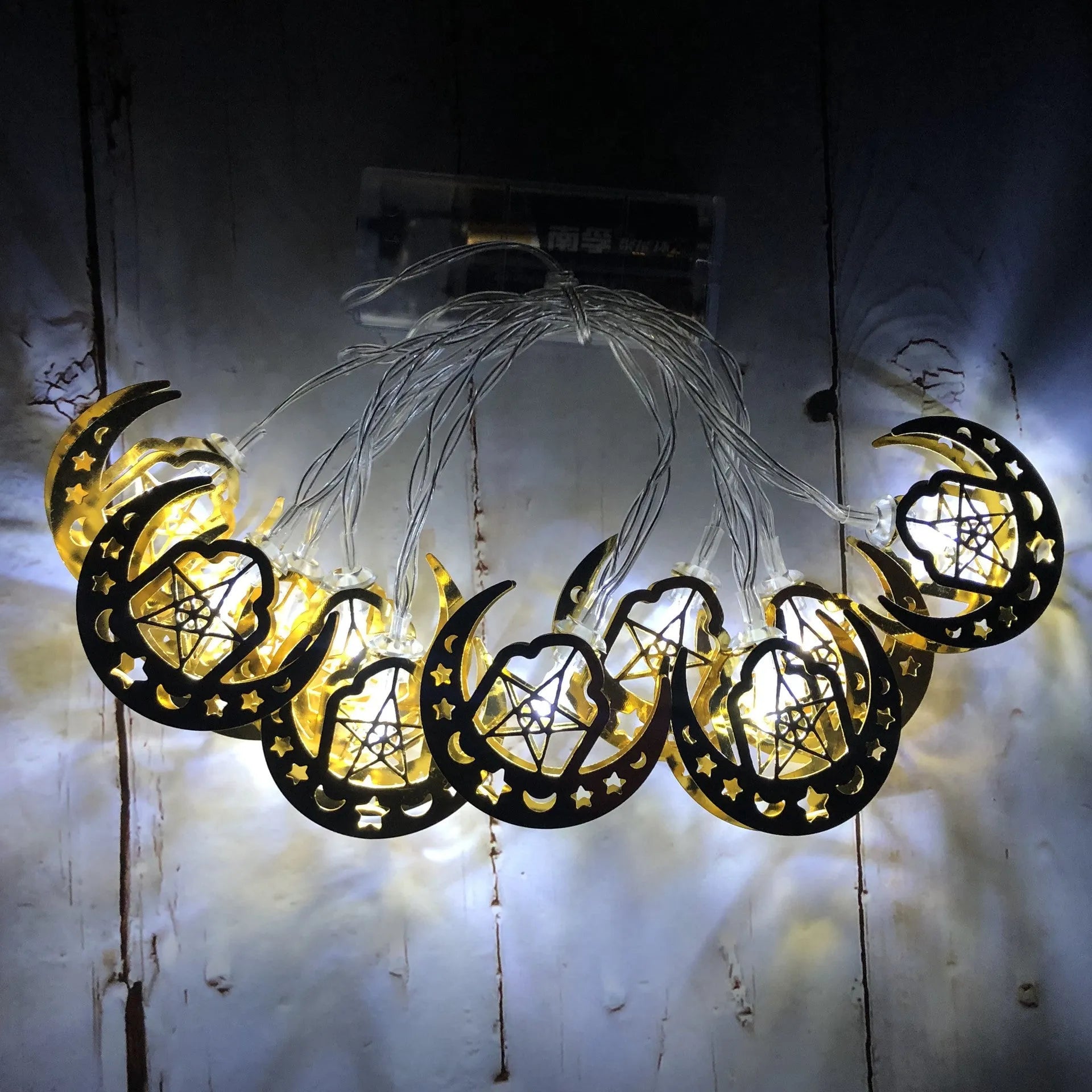 Gold wrought iron moon and star pendant LED string lights for Ramadan or Eid interior decoration