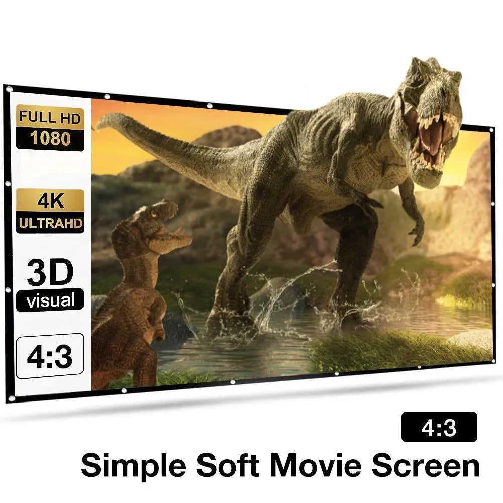 A large white foldable polyester projector screen showing a 150-inch diagonal size.