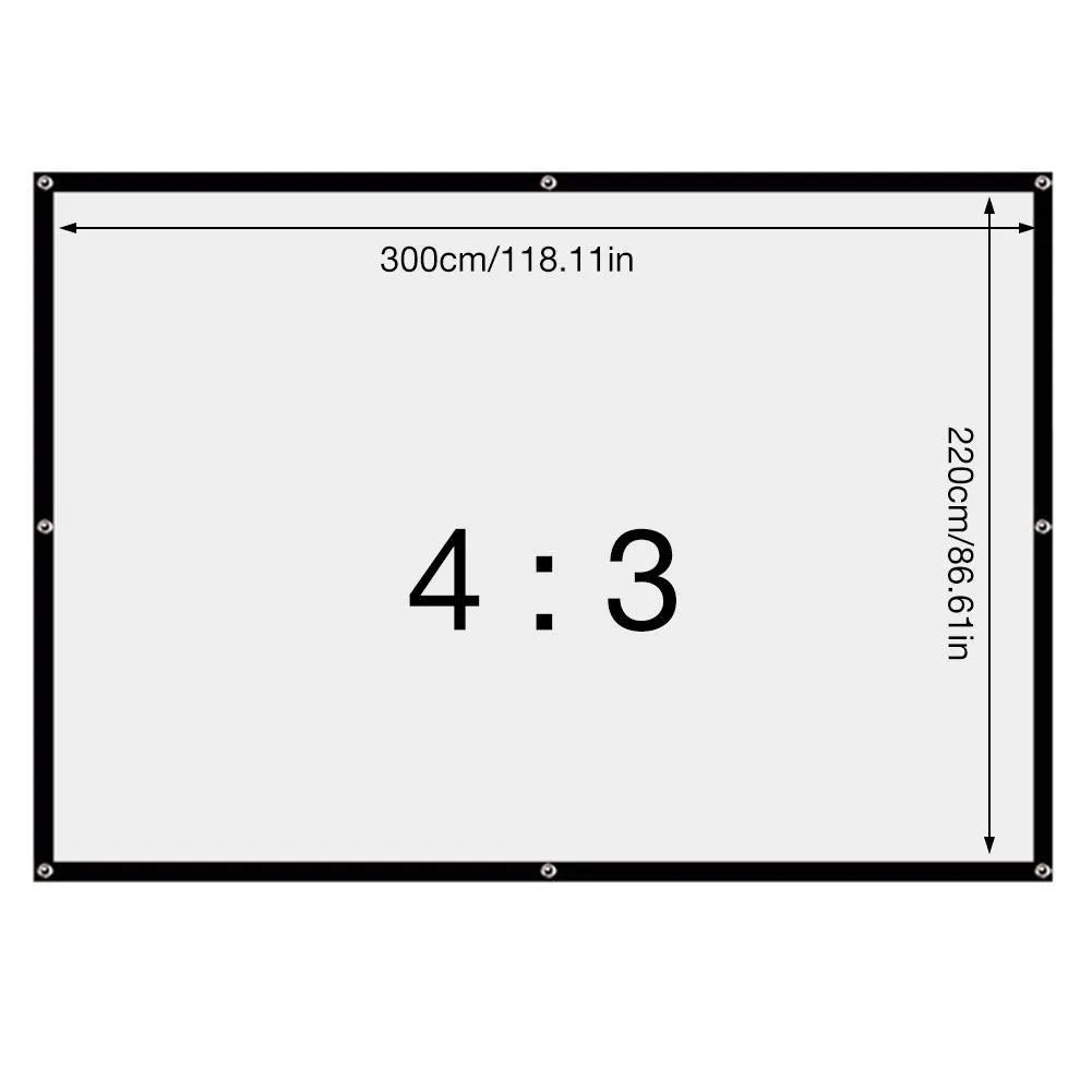A large white foldable polyester projector screen showing a 150-inch diagonal size.
