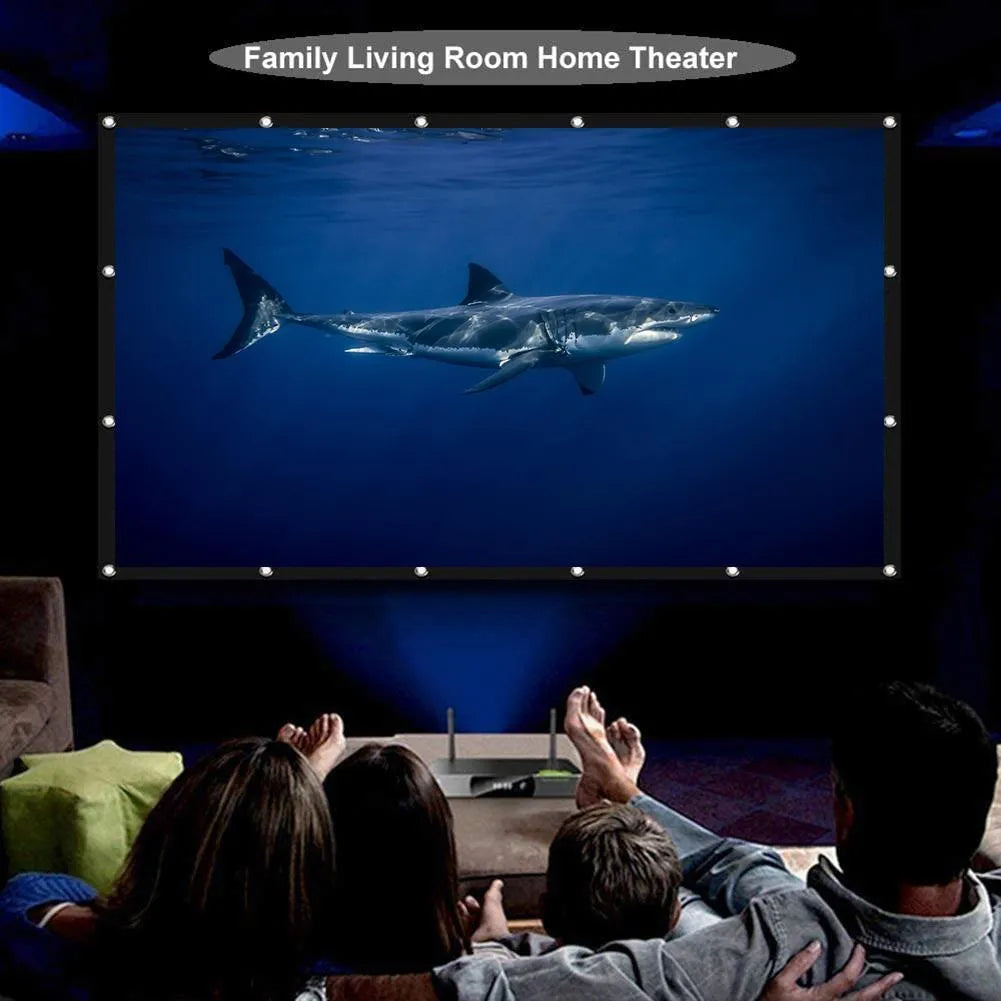 A large white foldable polyester projector screen showing a 150-inch diagonal size.
