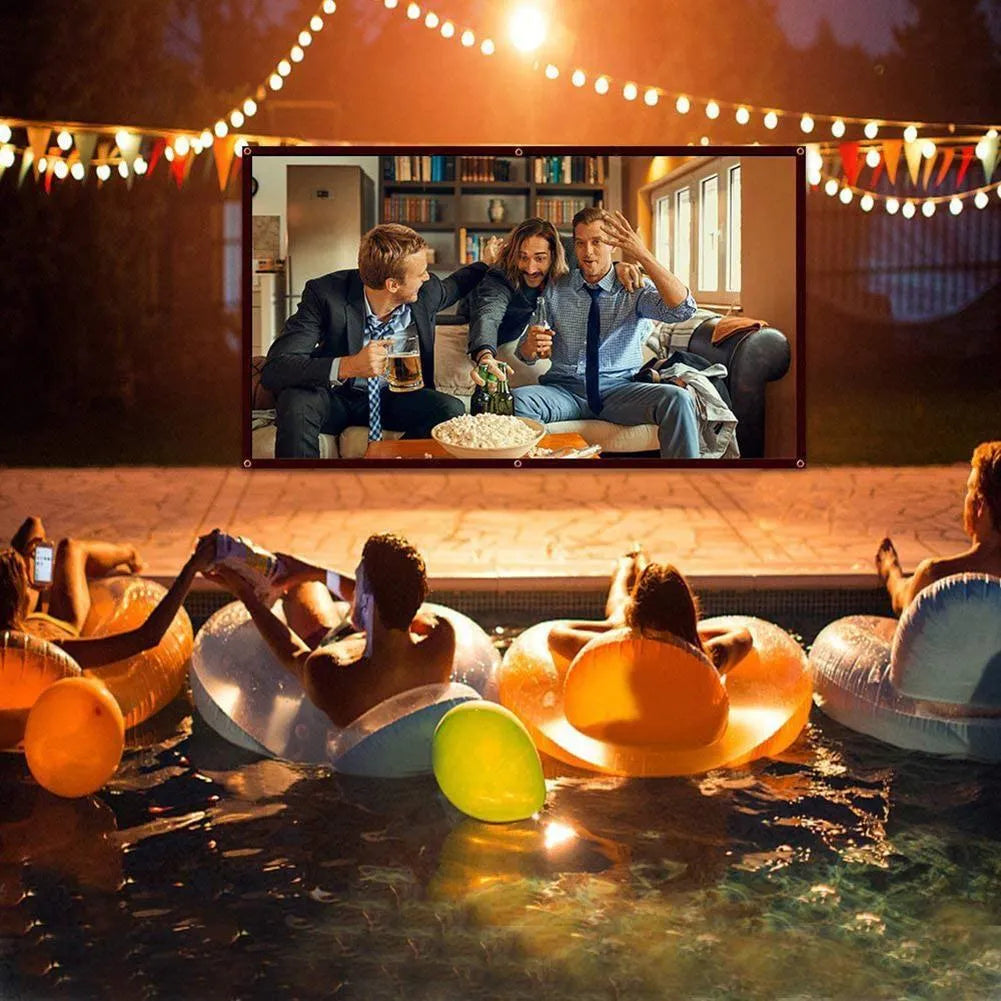 A large white foldable polyester projector screen showing a 150-inch diagonal size.