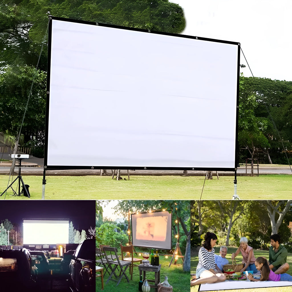A large white foldable polyester projector screen showing a 150-inch diagonal size.