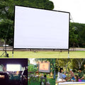 A large white foldable polyester projector screen showing a 150-inch diagonal size.