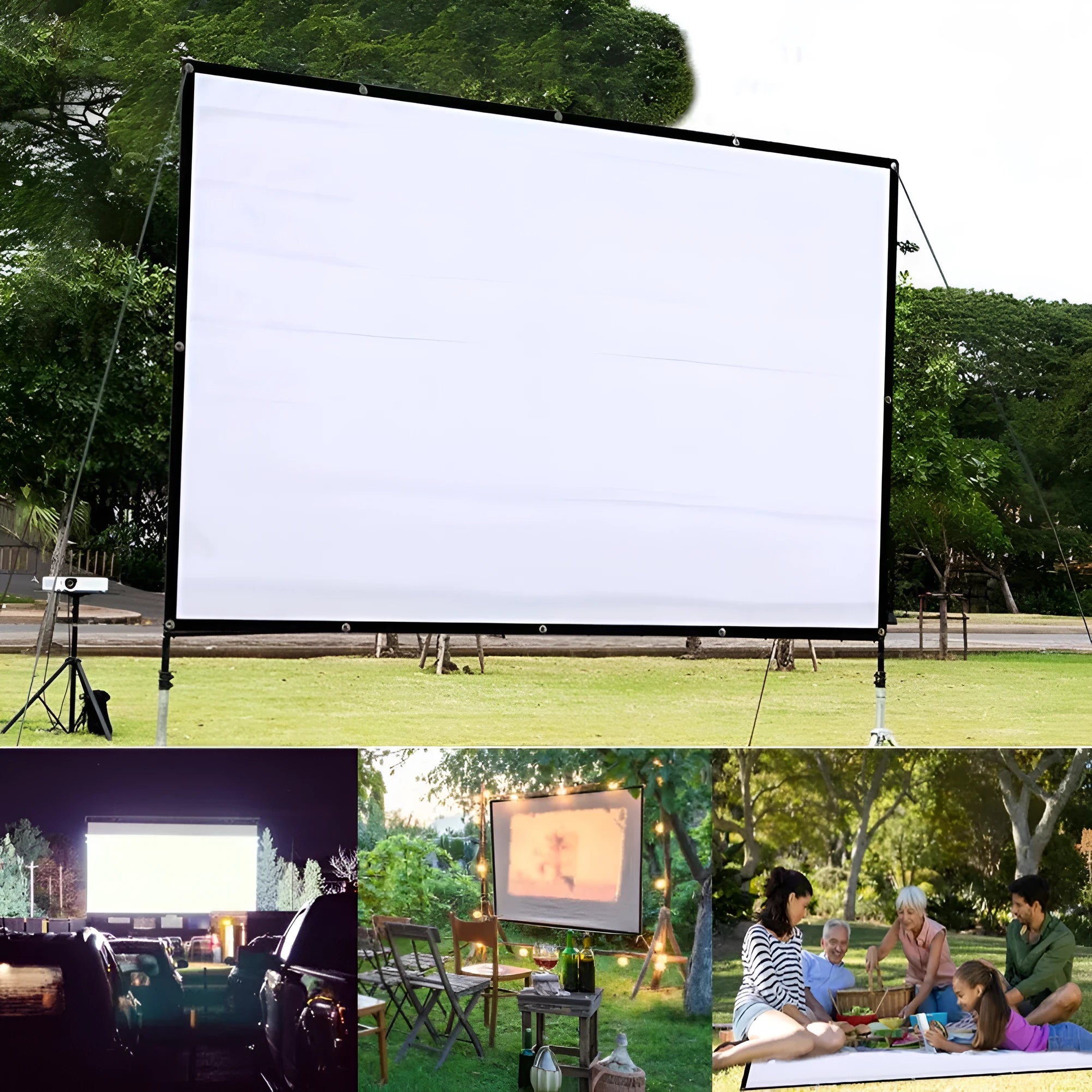 A large white foldable polyester projector screen showing a 150-inch diagonal size.