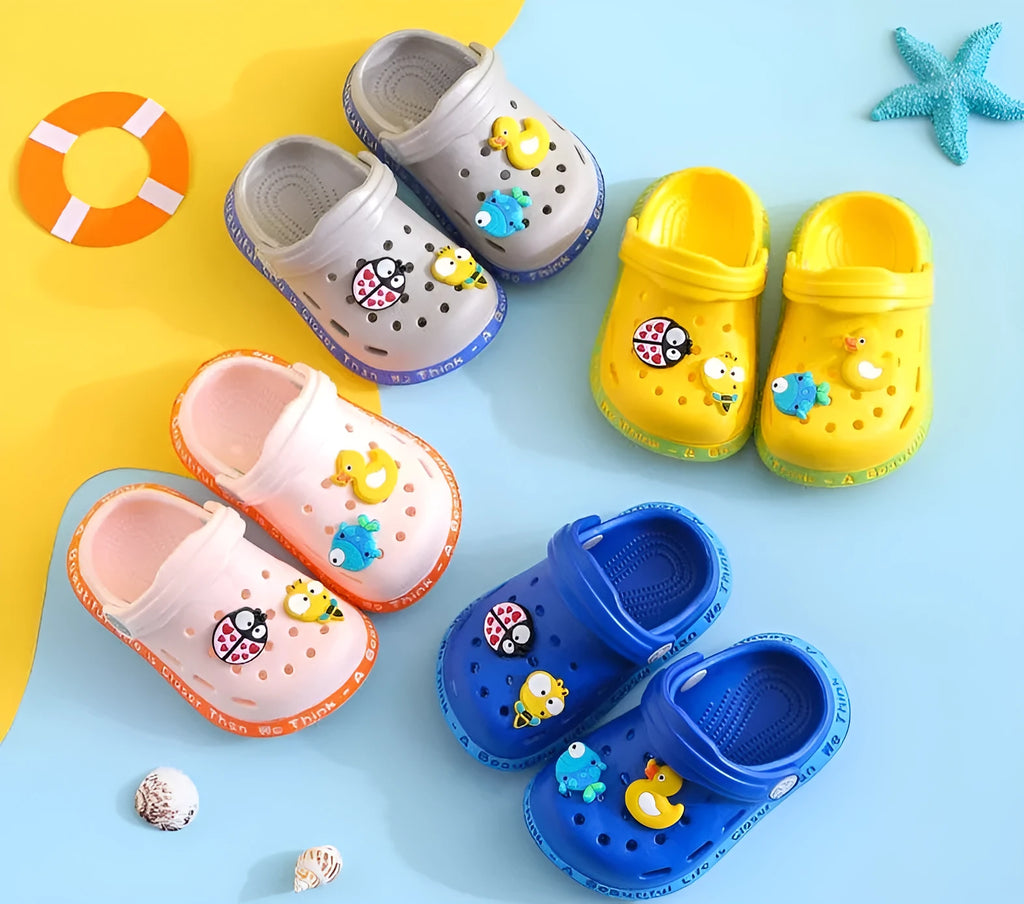PVC toddler summer slippers with cartoon animal patterns in multiple colours