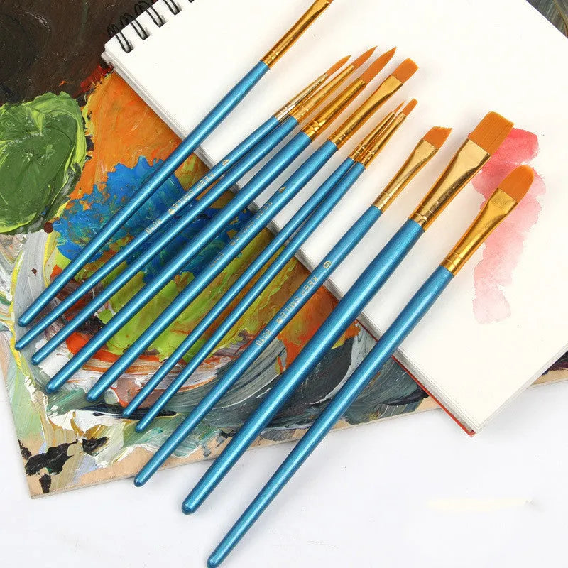 10-piece wooden handle gouache brush set with round heads for watercolour and oil painting