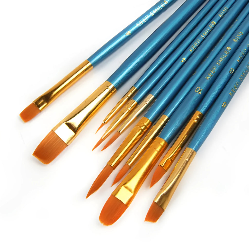 10-piece wooden handle gouache brush set with round heads for watercolour and oil painting