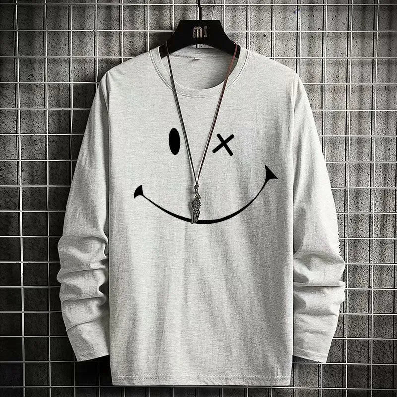 Women's loose fit round neck long sleeve T-shirt with letter print in grey, front view