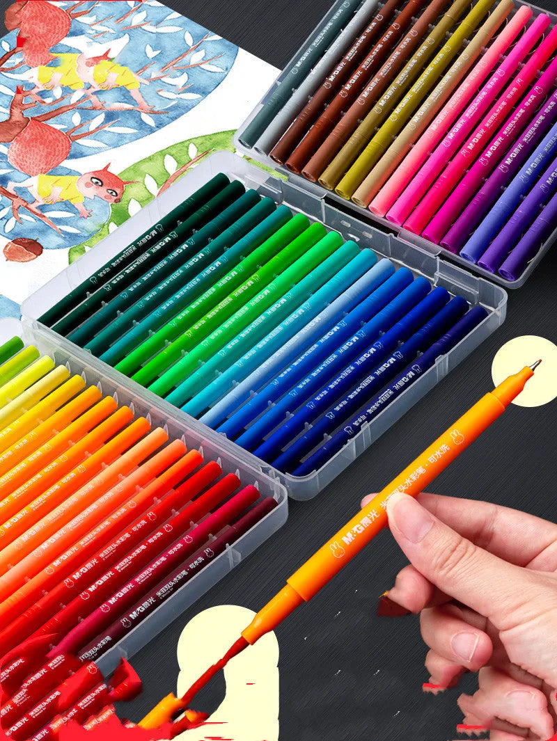 Double head soft tip watercolor pen set with drawing book and fine line pen, showing colour options.