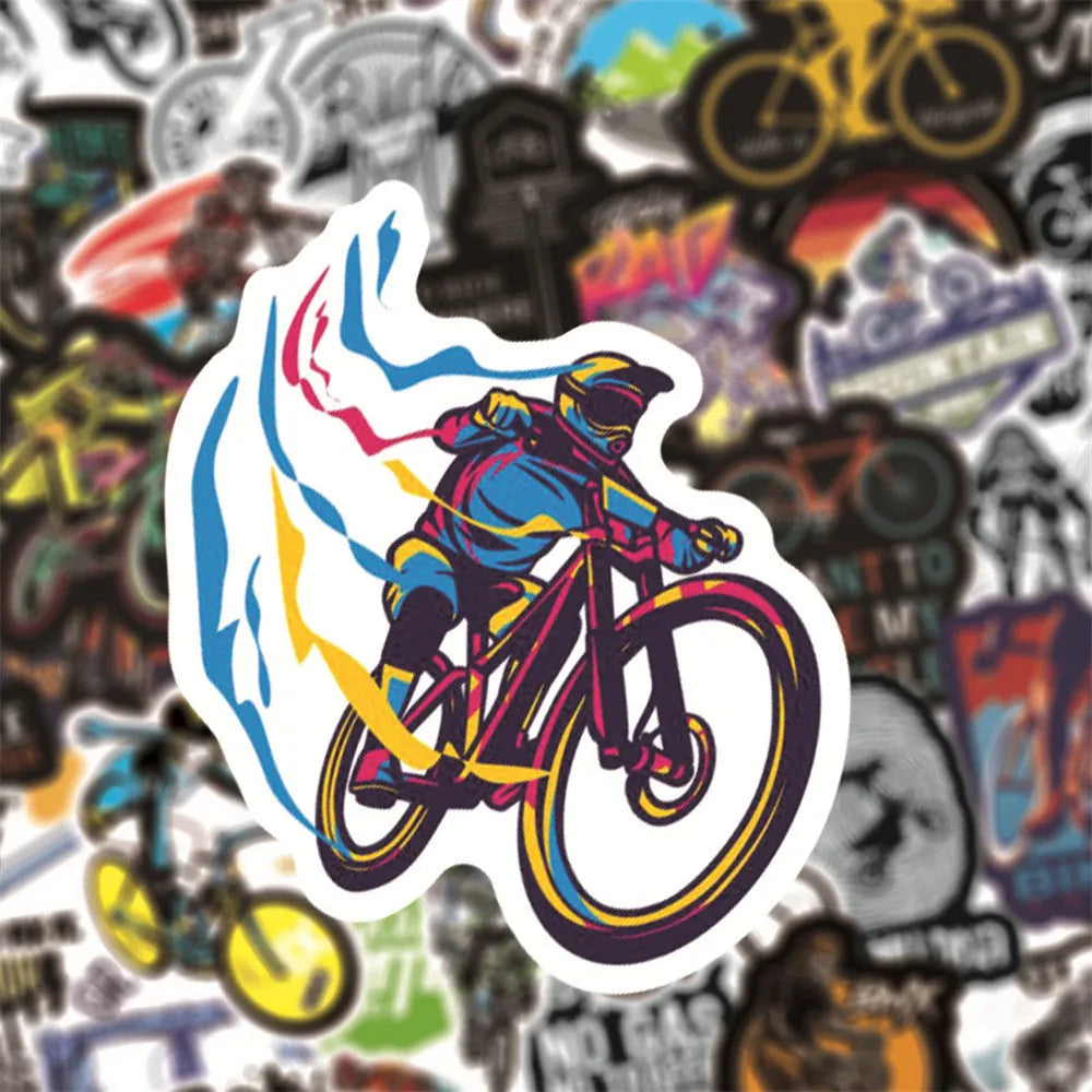 Bicycle Doodle Sticker pack showing 50 cycling-themed vinyl decals for notebook and surface customisation